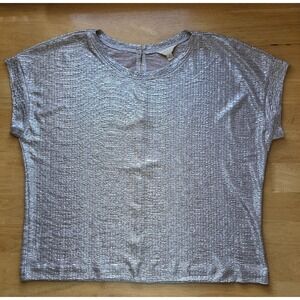 Adiva Womens Metallic Silver Shimmer Top L‎ Textured Short Sleeve Blouse Party